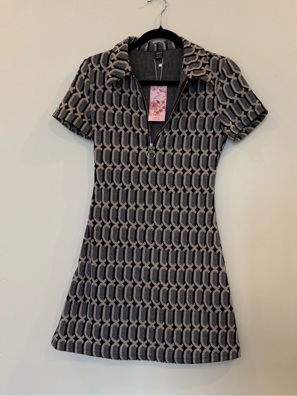 Mini Zip-Up Polo Dress in Black and Cream